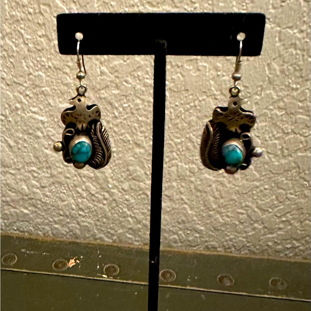 Vintage Native American-Navajo Turquoise & Sterling Silver Peyote Bird Earrings